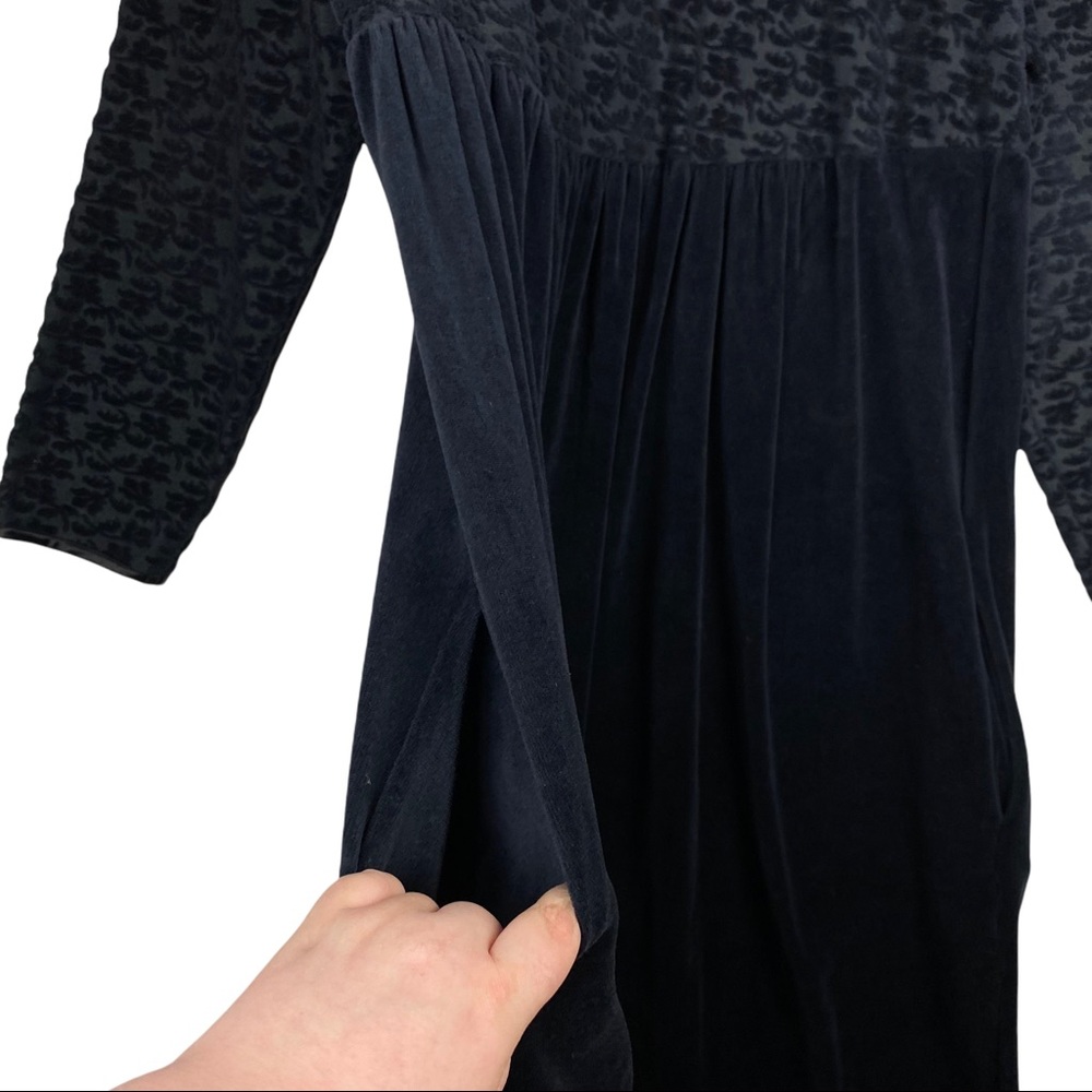 Vintage 90’s Floral Burnout Velour Long Sleeve Stretchy Smocked Maxi Dress Black - Picture 4 of 11